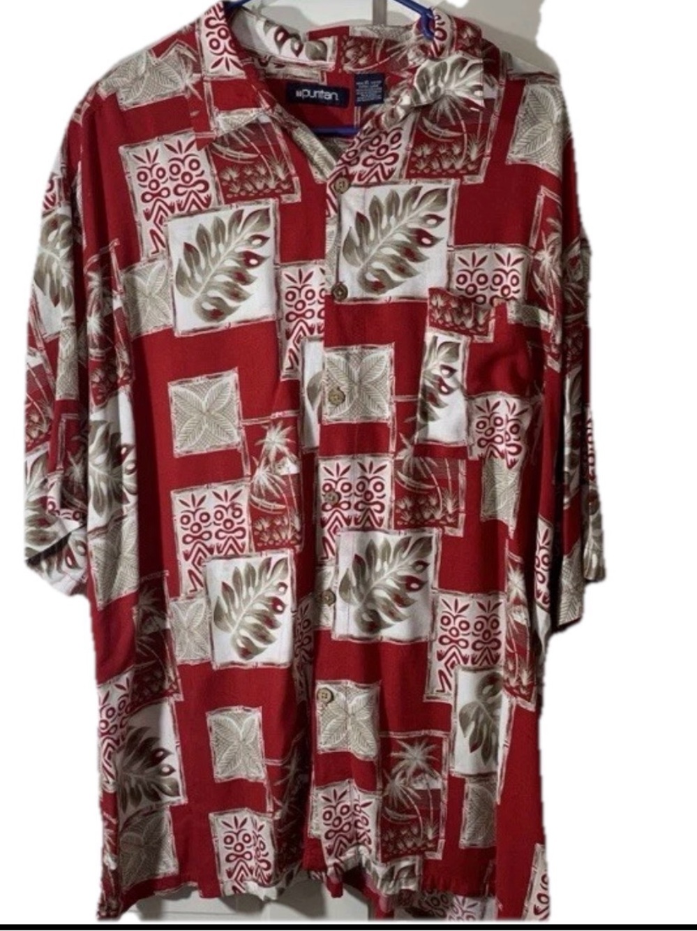 Puritan Men’s RedTropicalFloral ButtonUp Shirt Short Sleeve Size L HawaiianAloha